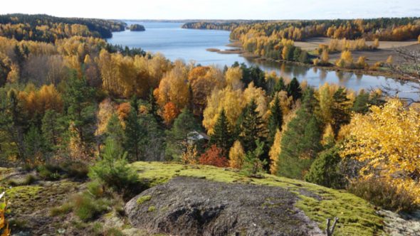 Hiirimäki near Lohja, a foresty area with lakes during autumn