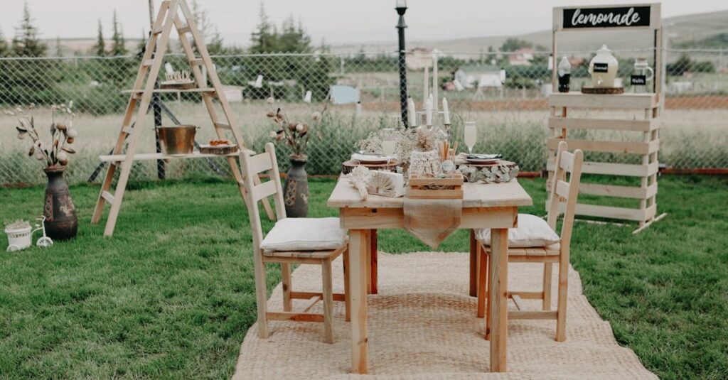 Elegant outdoor wooden dining setup with lemonade stand, perfect for events.