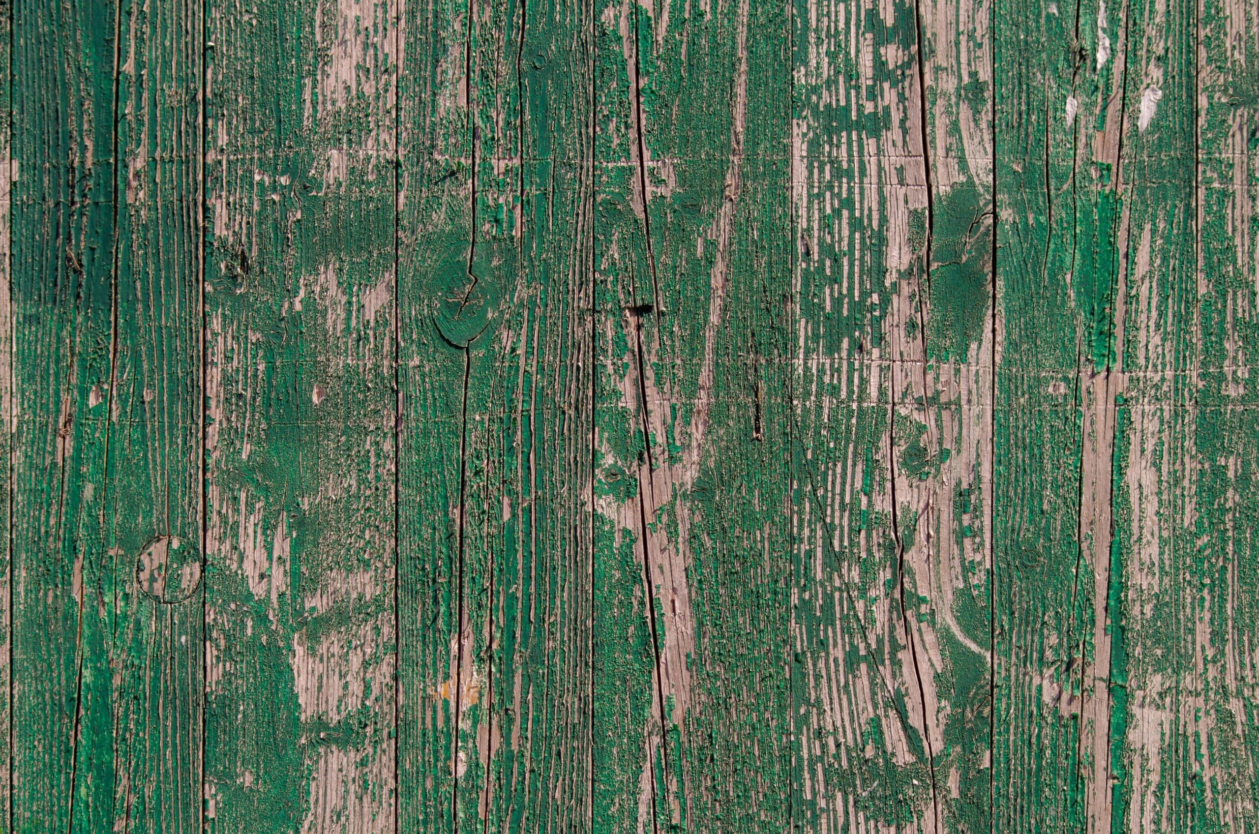 Close-up of a weathered green wooden panel with peeling paint, showcasing rustic texture.
